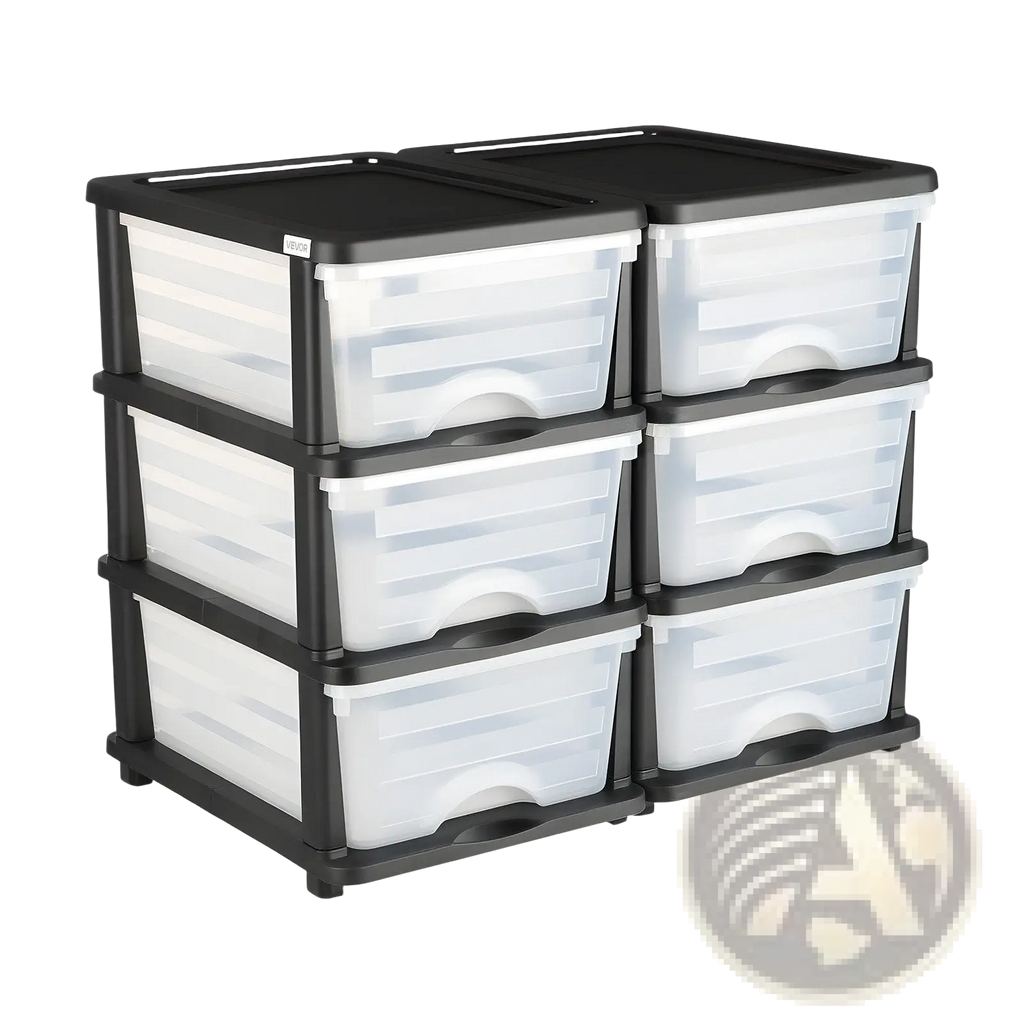 Plastic storage drawers 2 pack with six black and transparent plastic drawers in two columns of three for organization