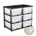 Plastic storage drawers 2 pack with six black and transparent plastic drawers in two columns of three for organization