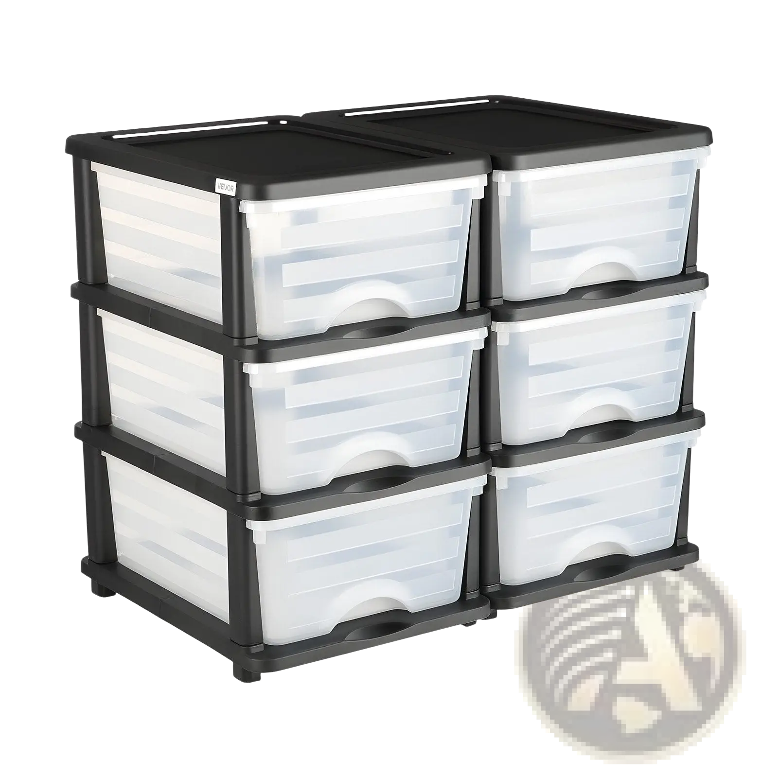 Plastic storage drawers 2 pack with six black and transparent plastic drawers in two columns of three for organization