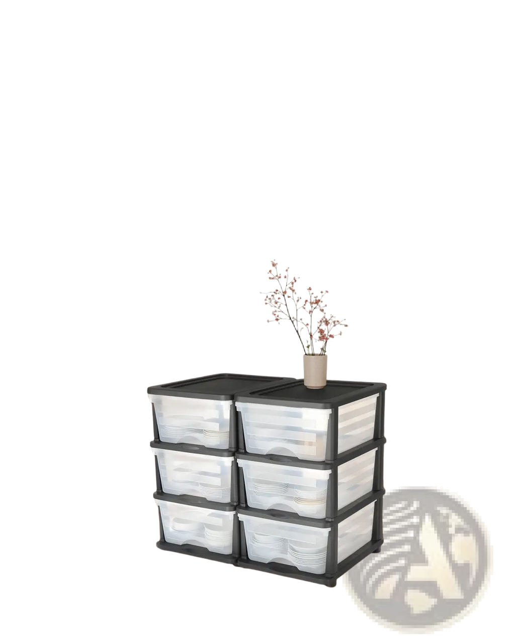 Plastic storage drawers 2 pack with six drawers each featuring black lids and transparent plastic sides for easy organization