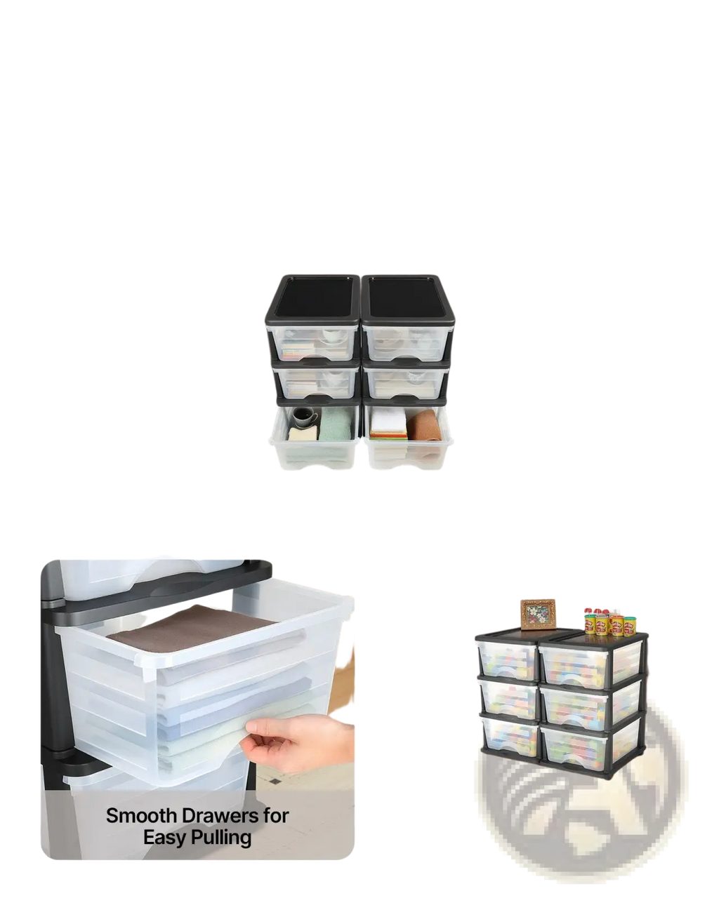 Plastic storage drawers 2 pack with 6 clear drawers black lids and handles stackable for organized home or office use
