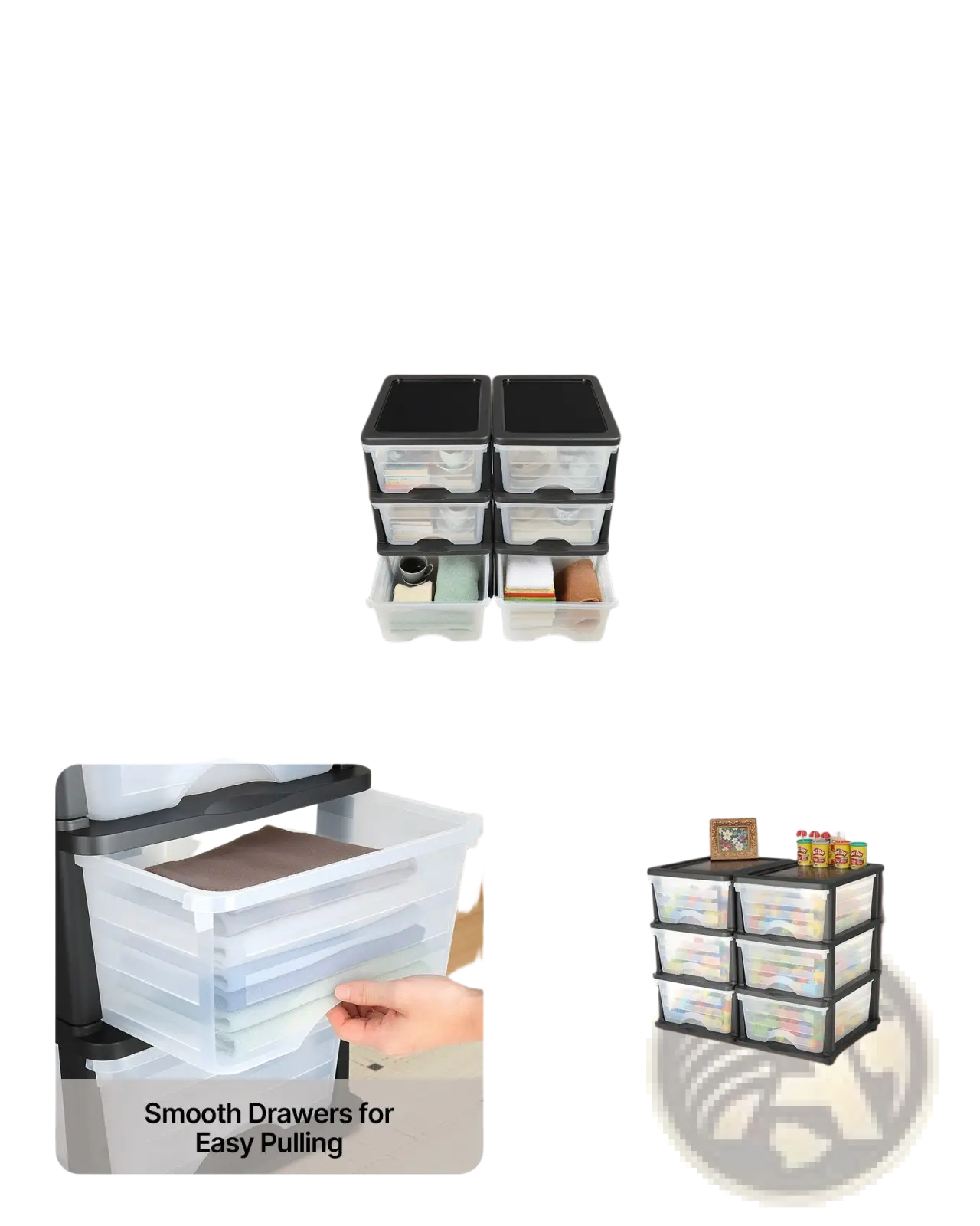 Plastic storage drawers 2 pack with 6 clear drawers black lids and handles stackable for organized home or office use