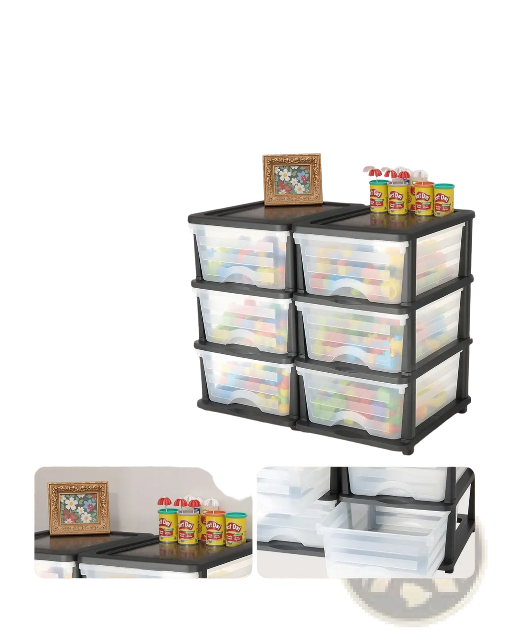 Black and transparent plastic storage drawers 2 pack with six clear drawers in three stacked tiers for organizing