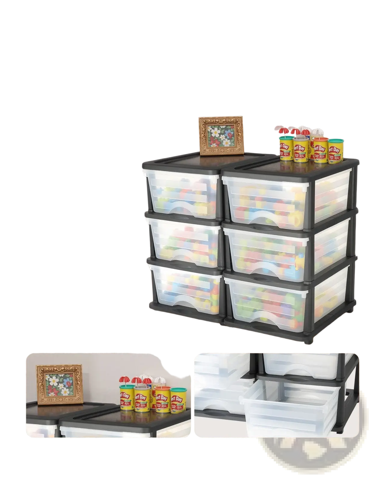Black and transparent plastic storage drawers 2 pack with six clear drawers in three stacked tiers for organizing