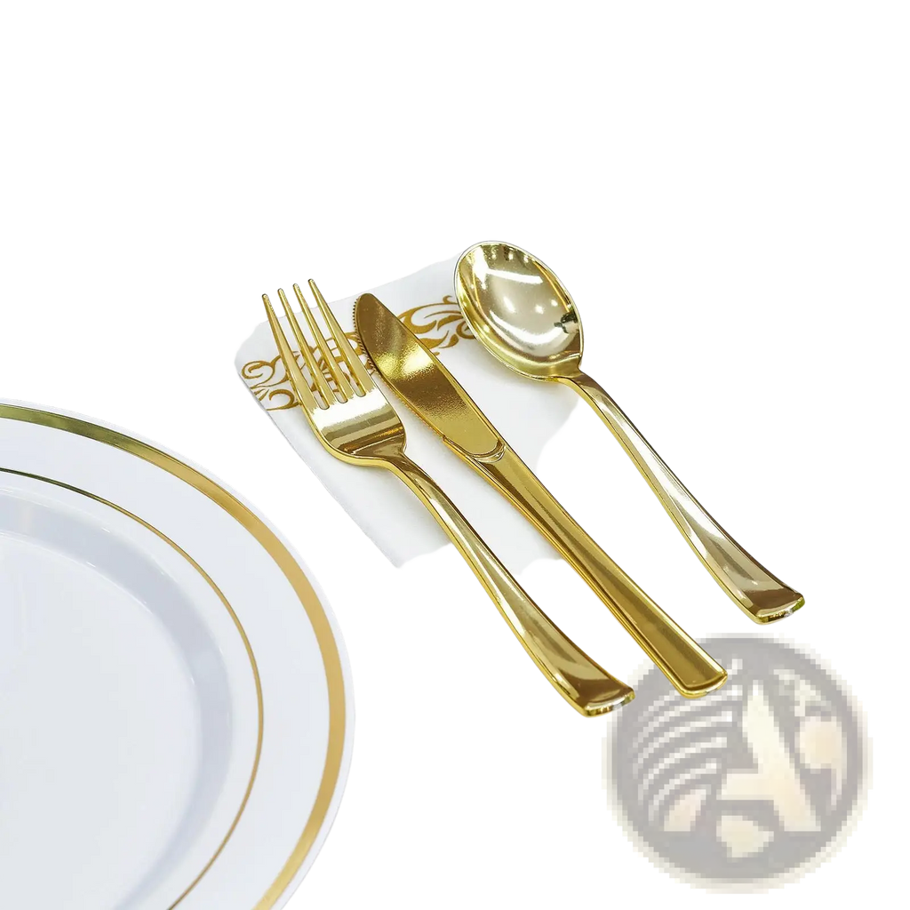Gold plastic cutlery set with ornate detailing on handles resting on a white napkin for 50 guests plastic tableware set