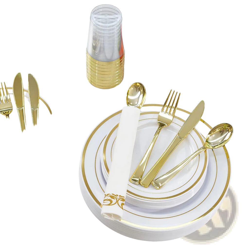 Plastic tableware set with gold rim plates and gold-finished plastic cutlery arranged for formal dining for 50 guests