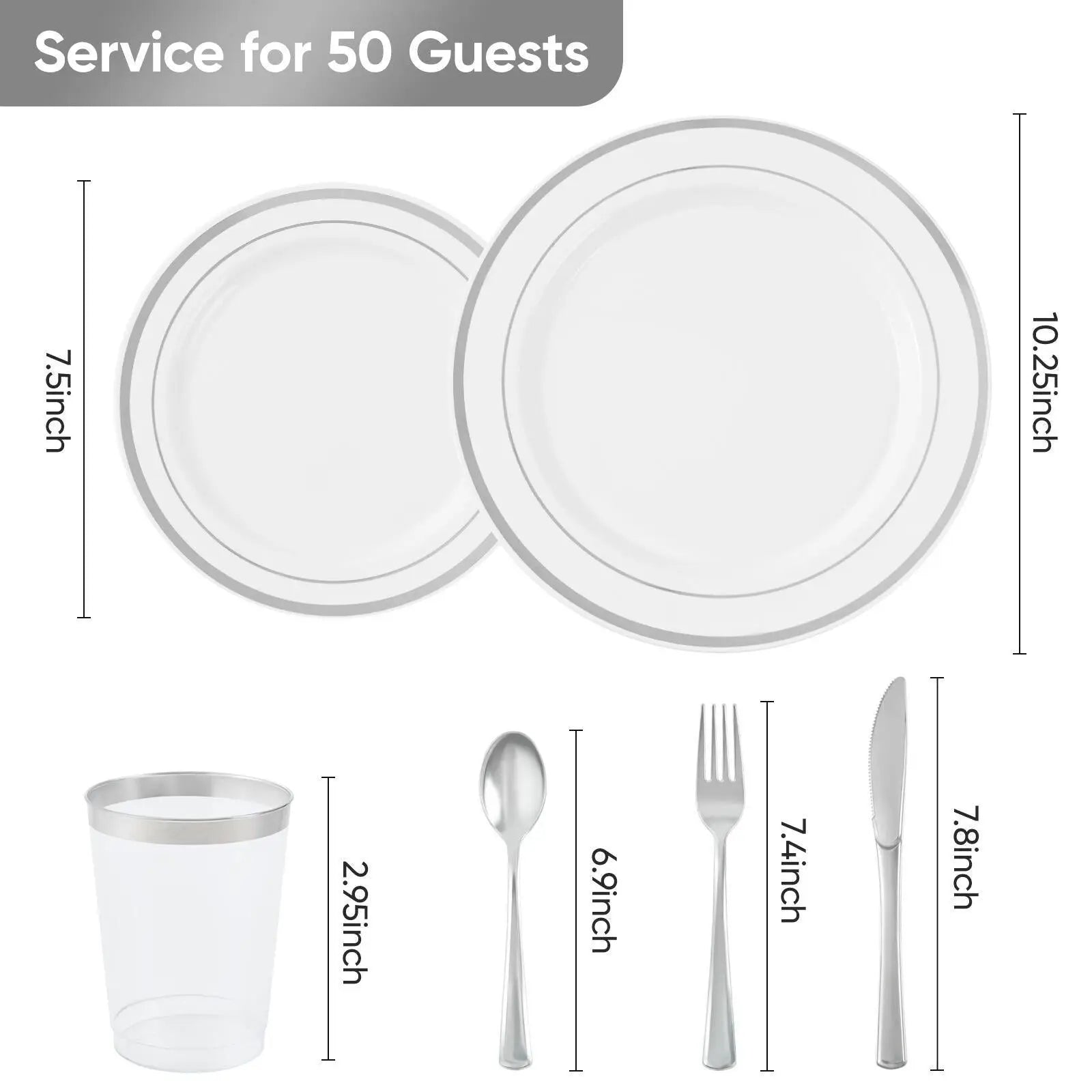 Clear plastic plates with silver rim 10.25 inches diameter for serving 50 guests in plastic tableware set