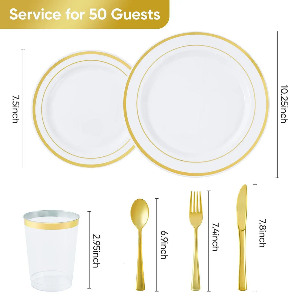 Plastic tableware set with white plastic gold rim plates and matching gold disposable cutlery for 50 guests