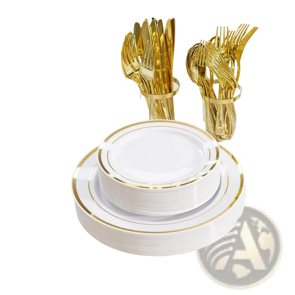 Stack of white plastic plates with elegant gold rims for a tableware set designed for 50 guests