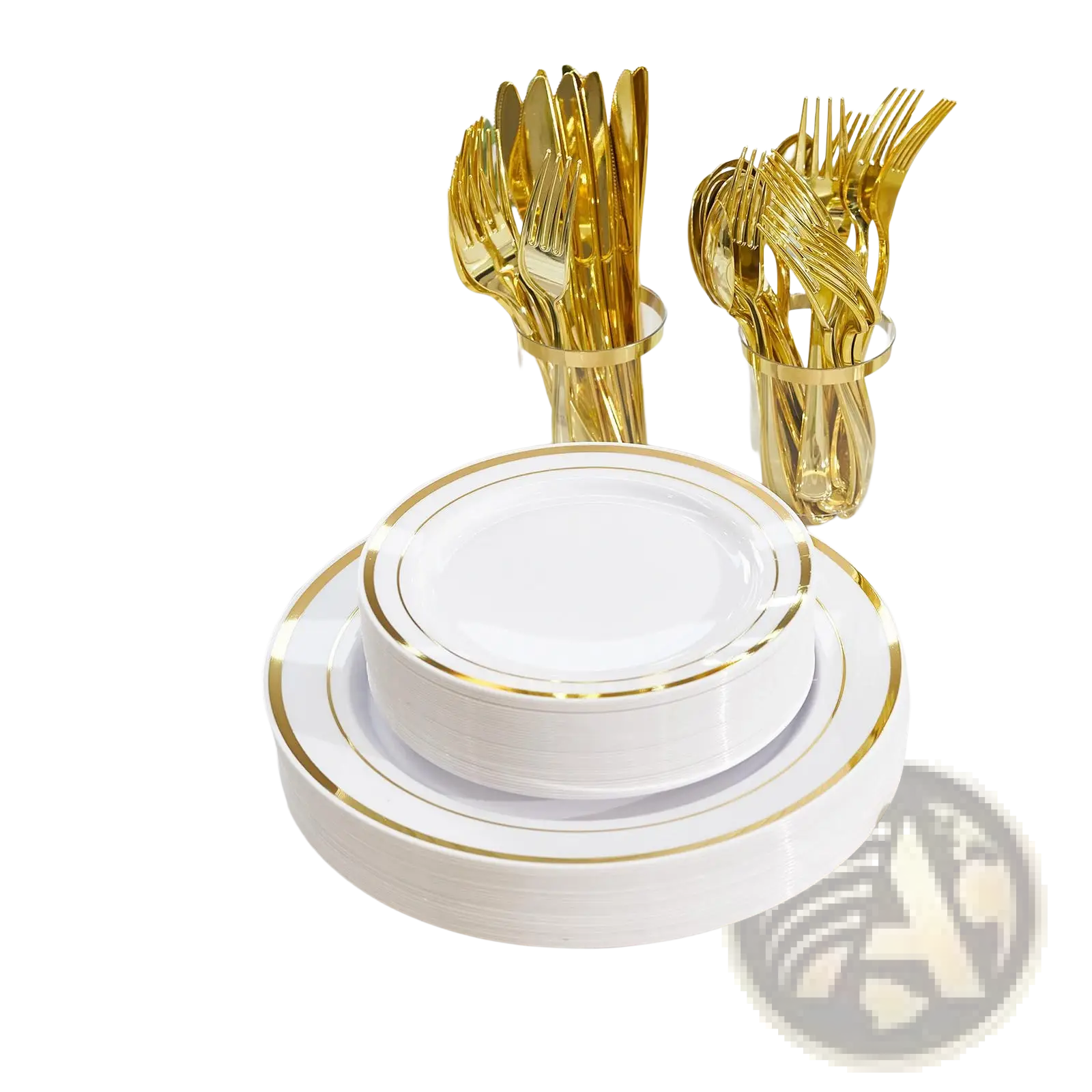 Stack of white plastic plates with elegant gold rims for a tableware set designed for 50 guests