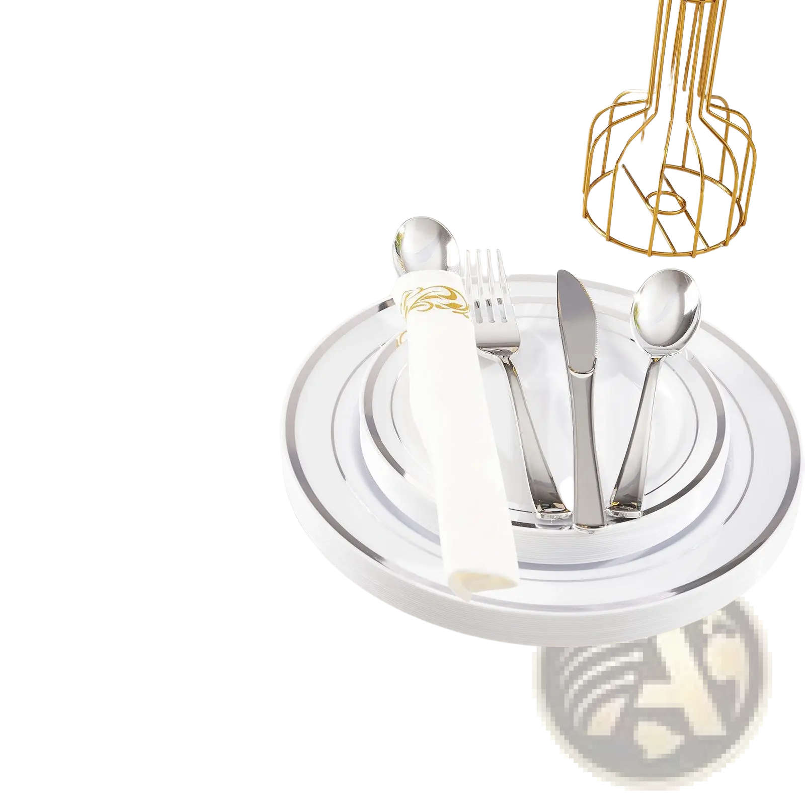 Set of silver-toned stainless steel cutlery arranged on white plastic tableware plates with gold rim for 50 guests