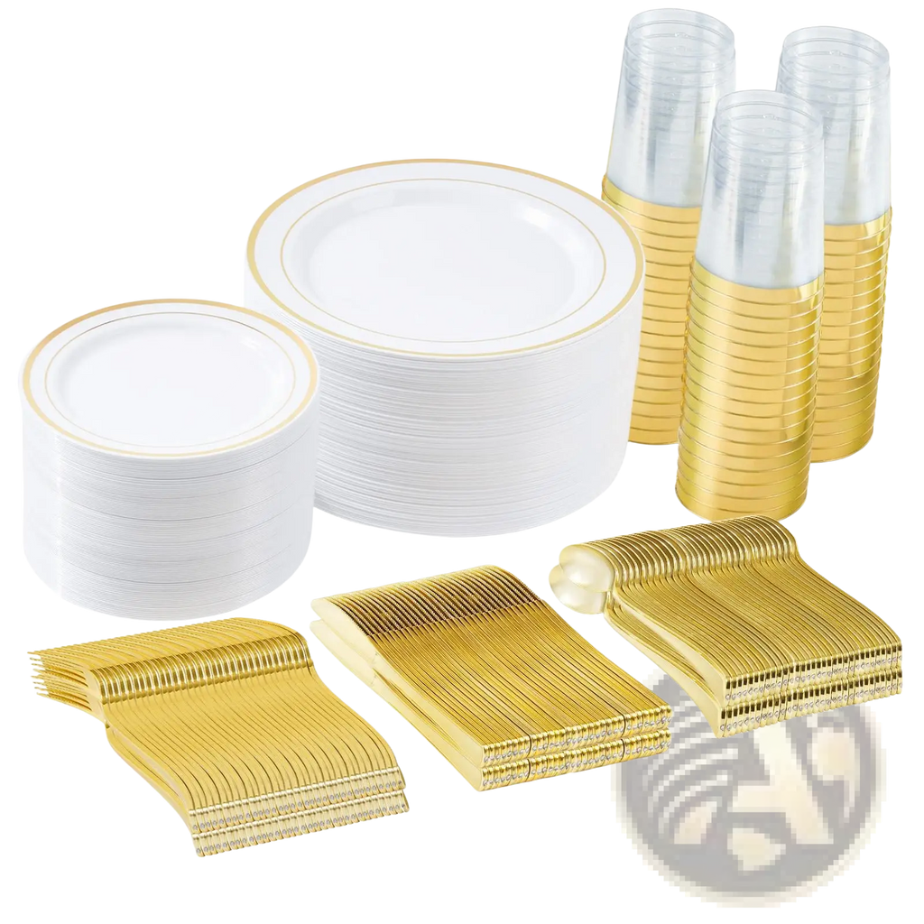 White plastic tableware set with gold rim plates stacked neatly beside matching gold-plated disposable cutlery and cups for 50 guests