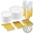 White plastic tableware set with gold rim plates stacked neatly beside matching gold-plated disposable cutlery and cups for 50 guests