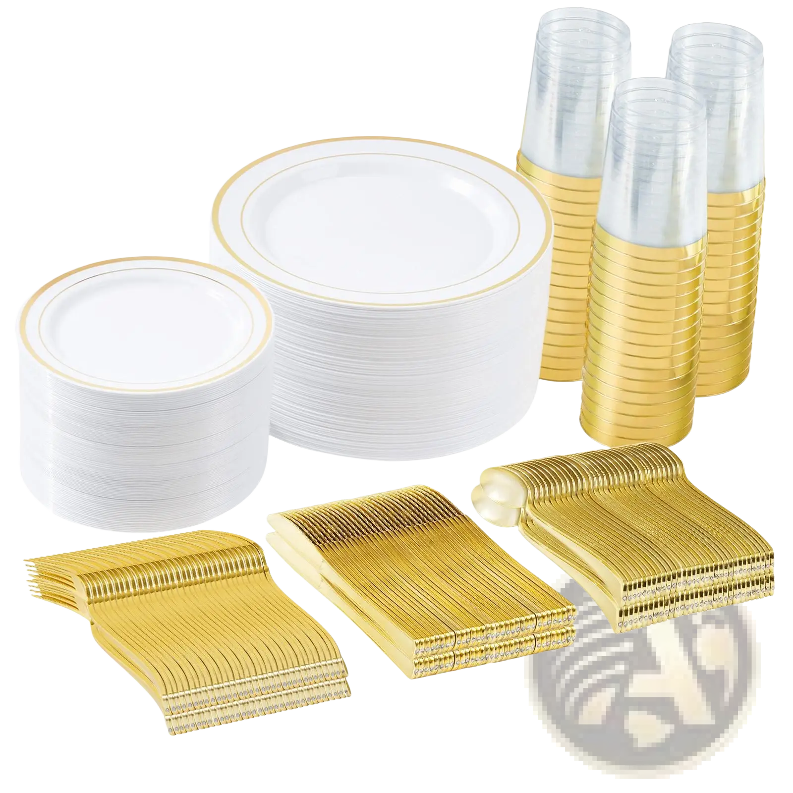 White plastic tableware set with gold rim plates stacked neatly beside matching gold-plated disposable cutlery and cups for 50 guests