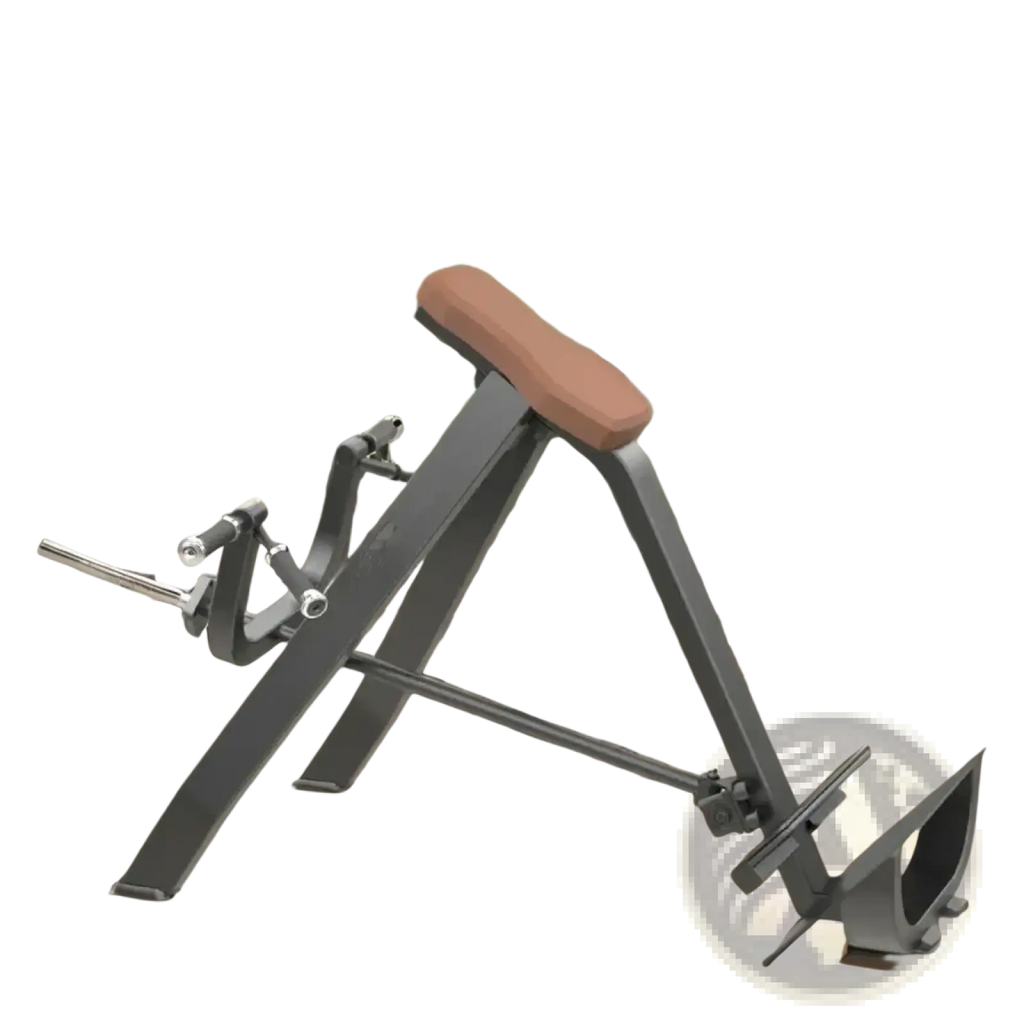 Plate loaded seated row machine showing gray metal frame with tan padded seat and adjustable handle from the back side