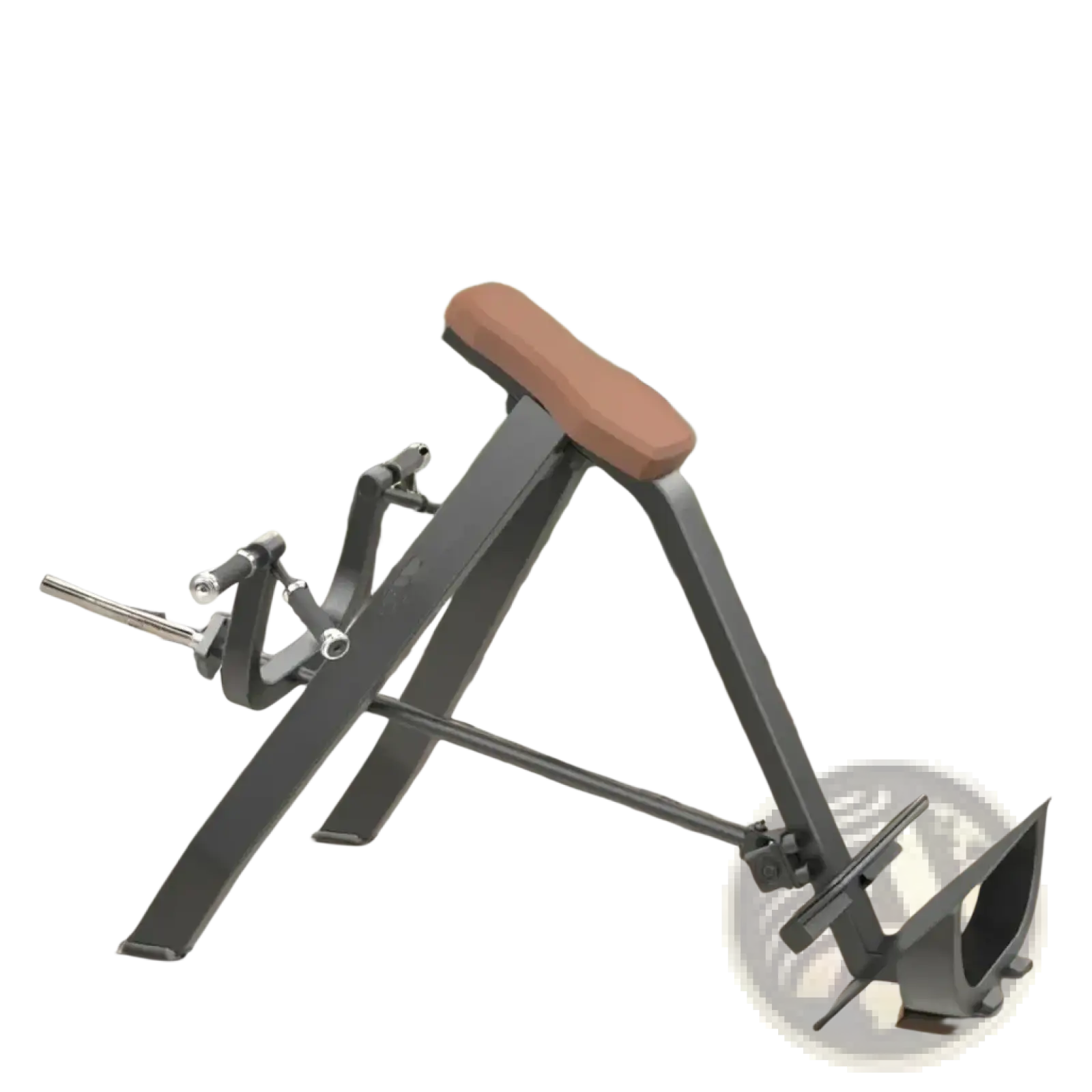 Plate loaded seated row machine showing gray metal frame with tan padded seat and adjustable handle from the back side