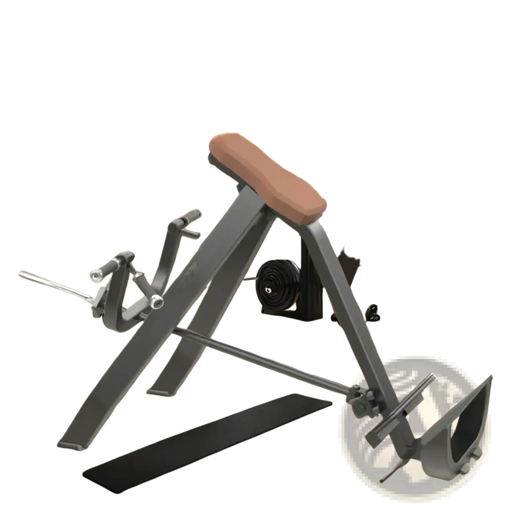 Plate loaded seated row machine with gray metal frame tan padded seat and black rubber foot platform shown from back side