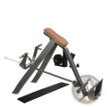 Plate loaded seated row machine with gray metal frame tan padded seat and black rubber foot platform shown from back side