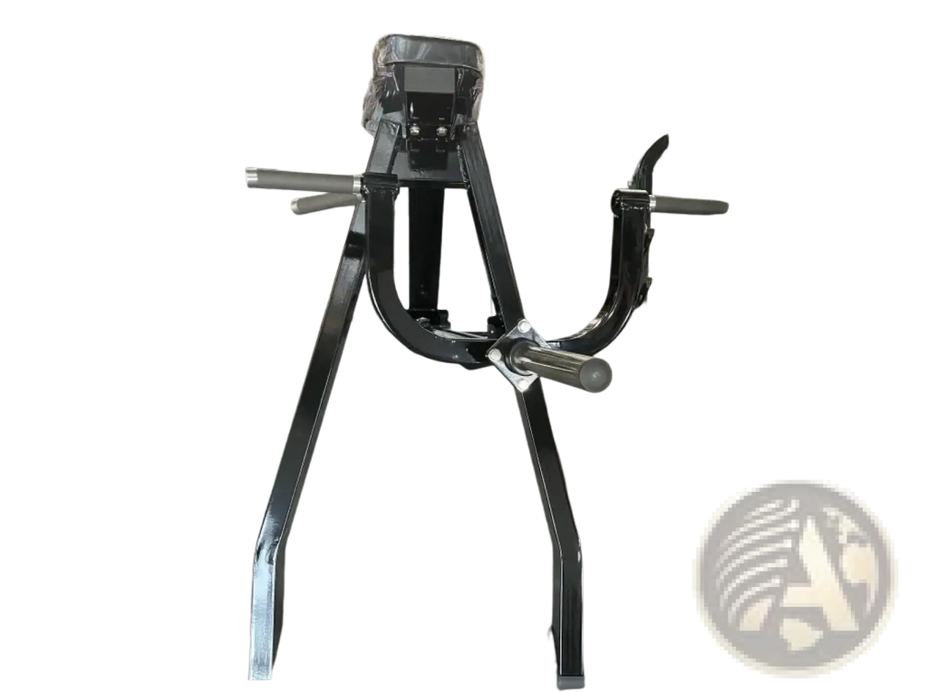 Black metal plate loaded seated row machine with padded seat and adjustable weight bar for strength training