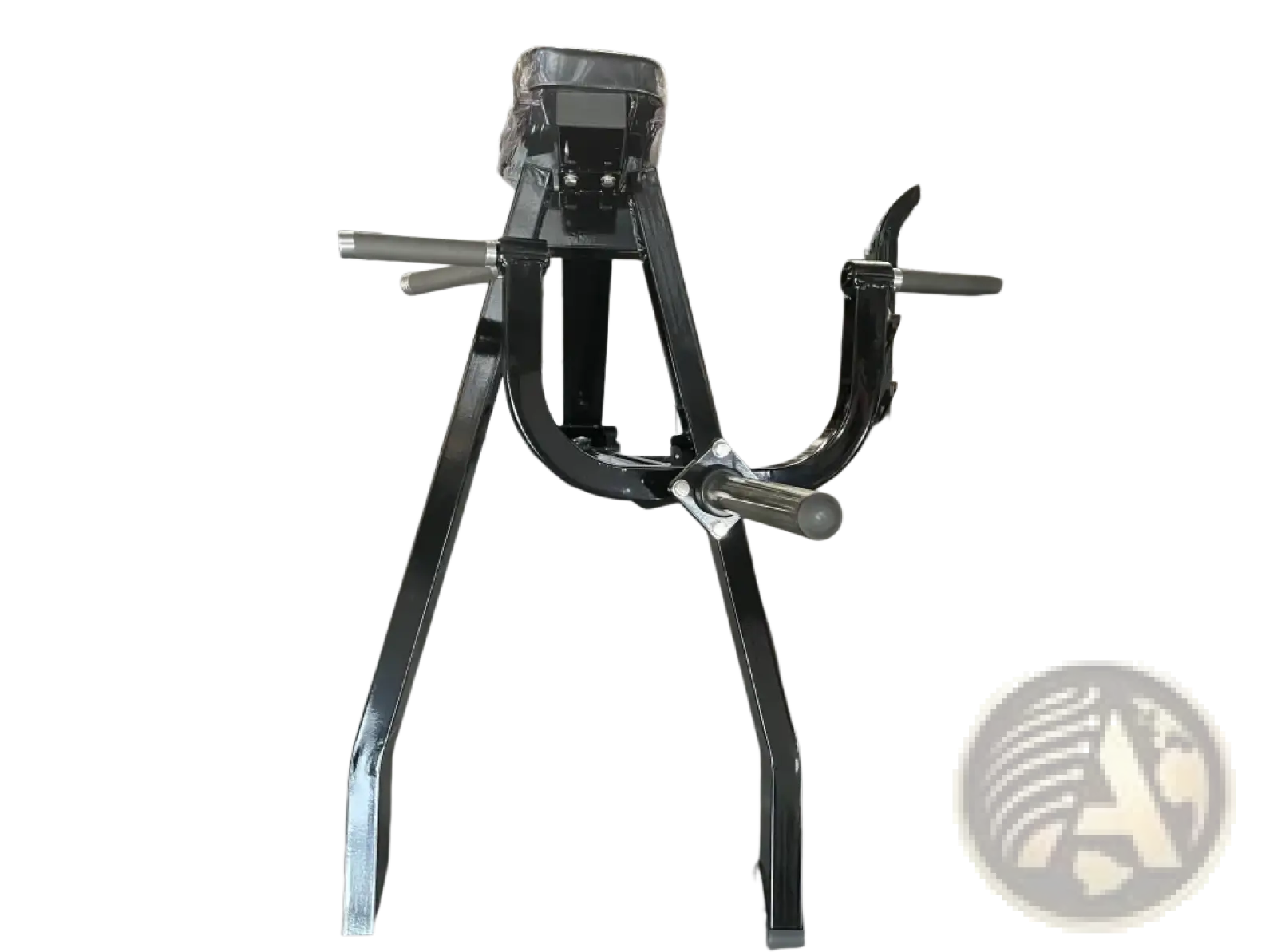 Black metal plate loaded seated row machine with padded seat and adjustable weight bar for strength training