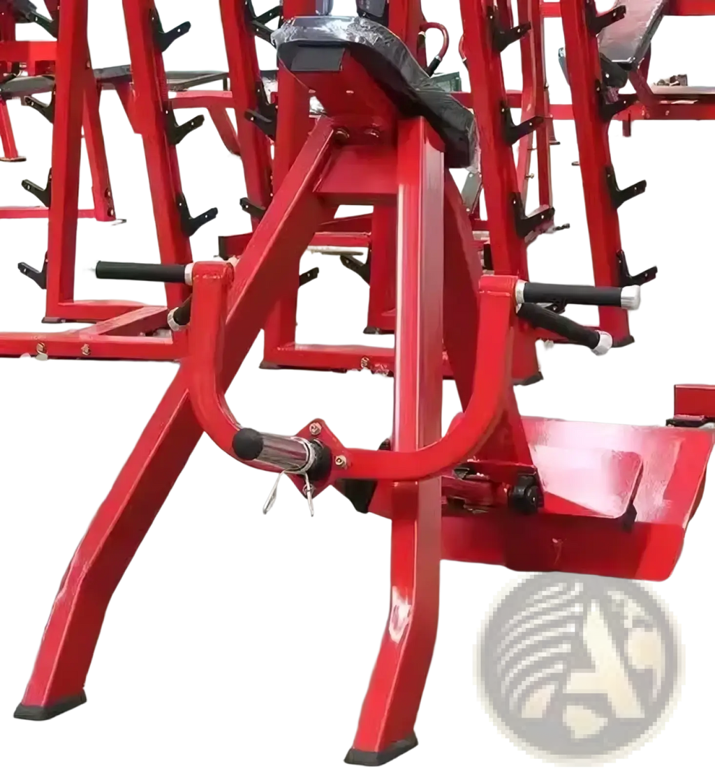 Plate loaded seated row machine in red metal with black padded seat and handle grips shown from the back side