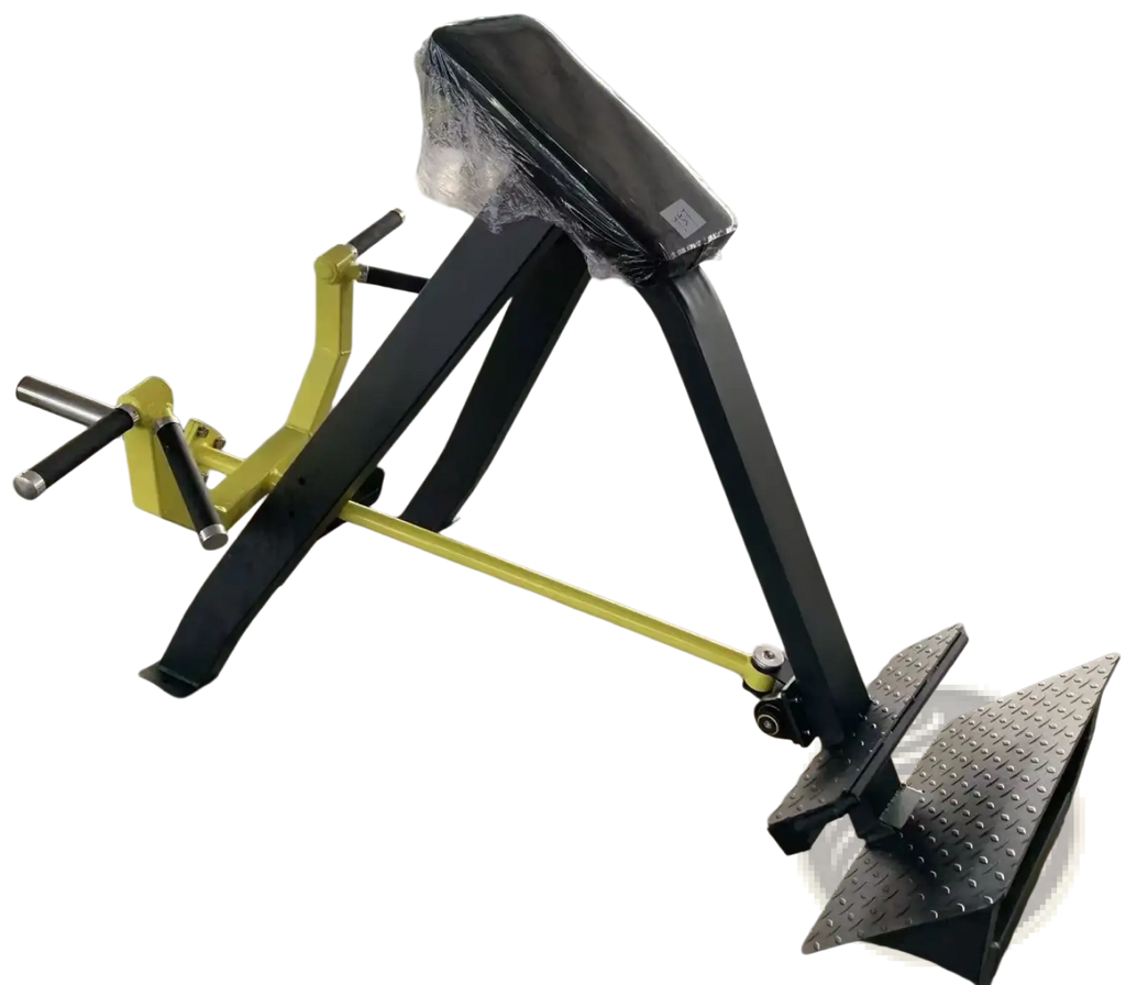 Plate loaded seated row machine in yellow and black with padded seat, metal frame, and textured footplate shown from back side