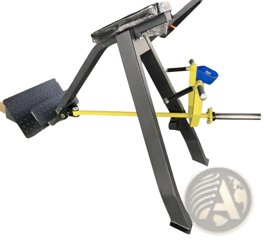 Plate loaded seated row machine with black and yellow metal frame textured footplate and adjustable resistance bar