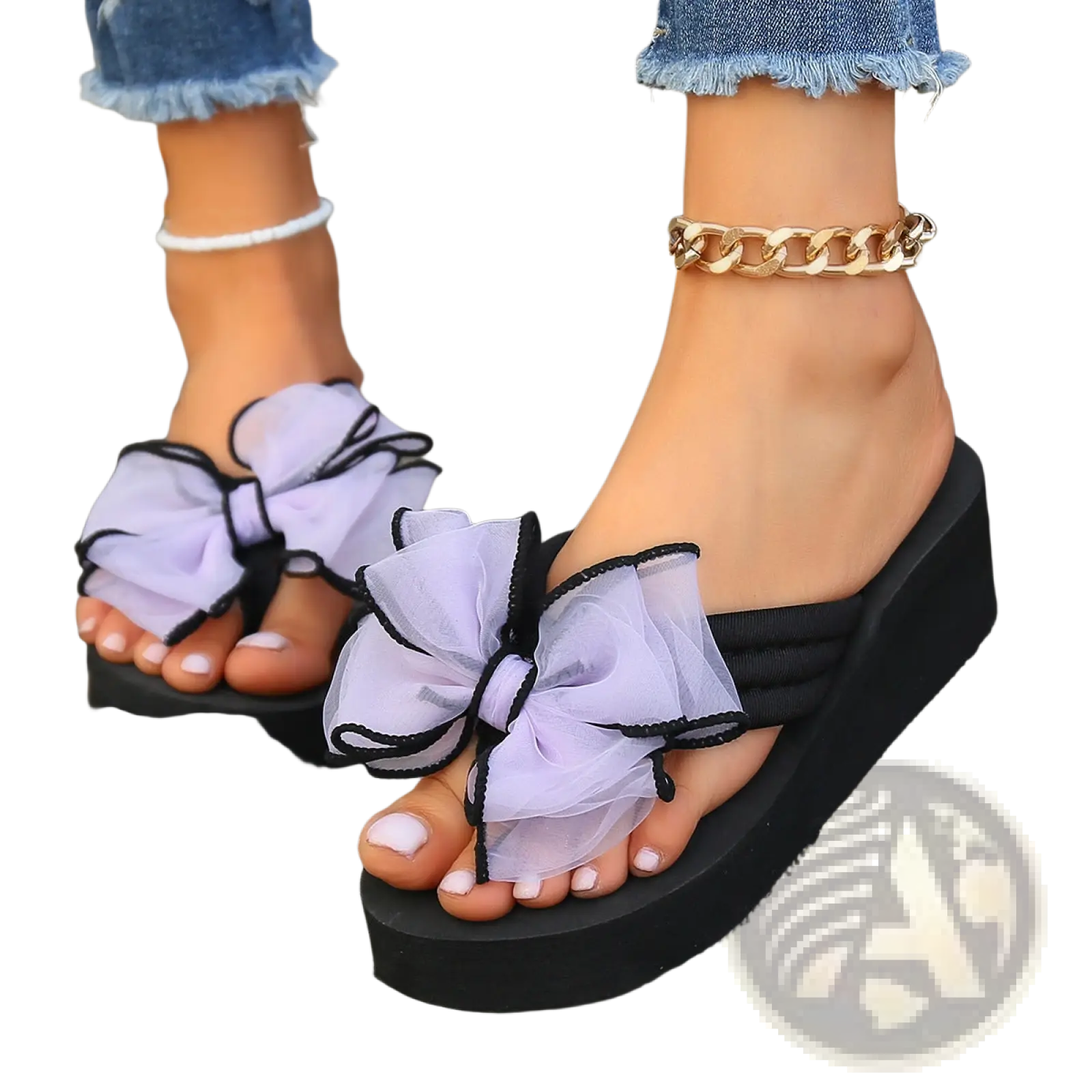 Black platform flip flops with large lavender sheer bow accent tied in black ribbon on the front