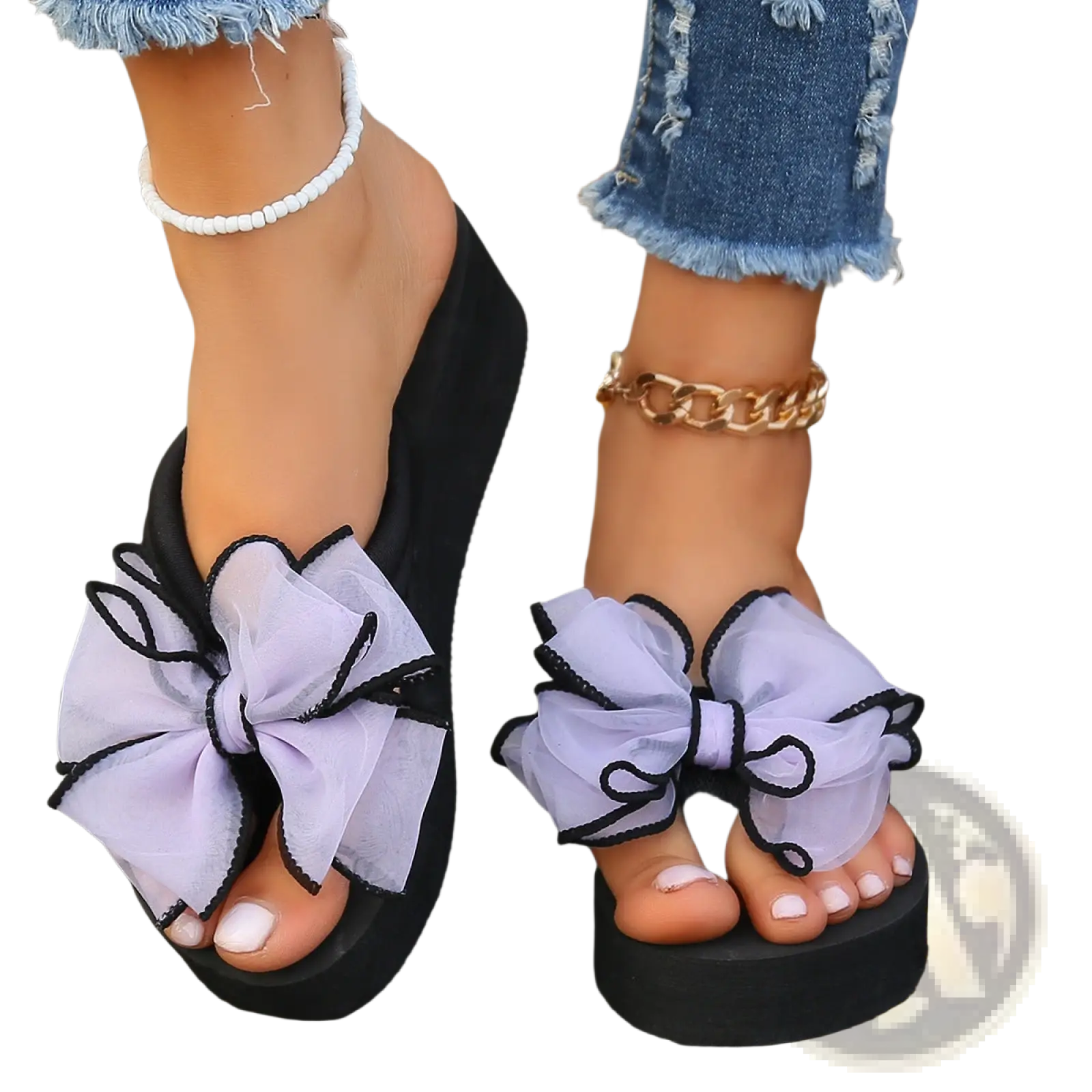 Black platform flip-flops with large sheer lavender bows featuring black trim for stylish casual wear