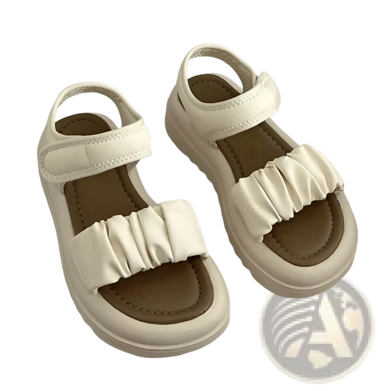Cream-colored platform sandals for women with ruched straps and soft padded design shown from the back side