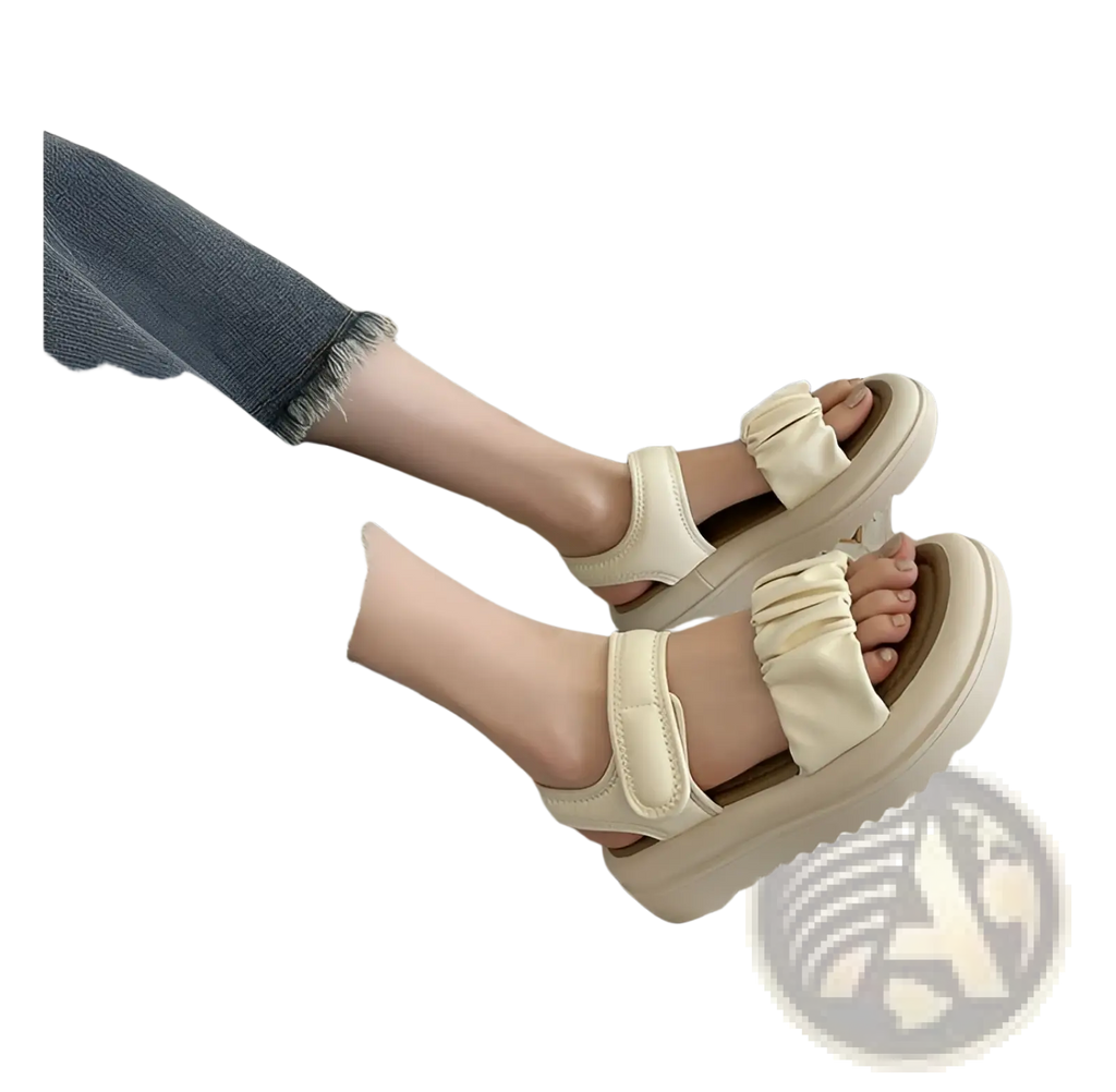 Cream-colored platform sandals for women with ruched fabric straps and a thick cushioned sole
