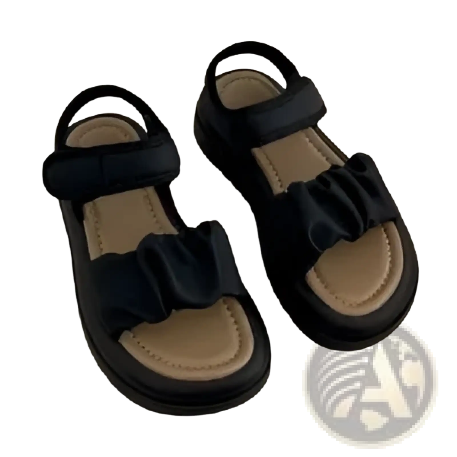 Black platform sandals for women with thick soles and decorative ruffled bow on ruched straps front view