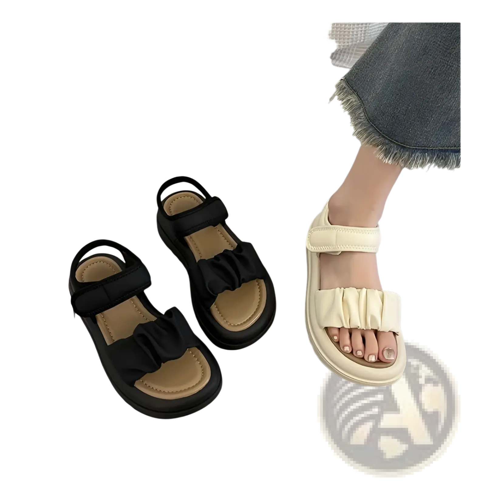 Platform sandals for women featuring black and cream ruched straps with thick soles for comfortable wear