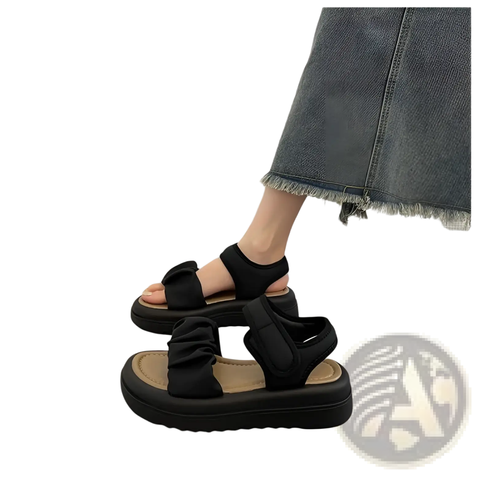 Black platform sandals for women with ruched fabric straps and thick textured soles shown from the back side
