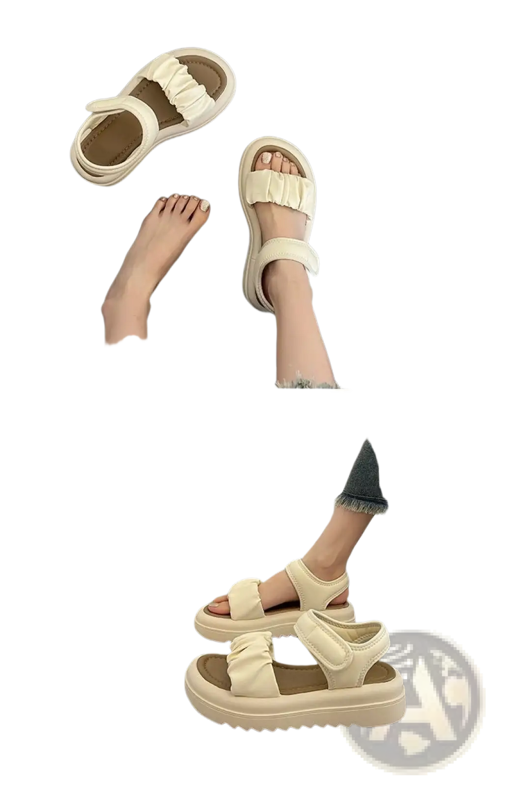 Cream-colored platform sandals for women with ruched fabric straps and thick chunky sole shown from the back side