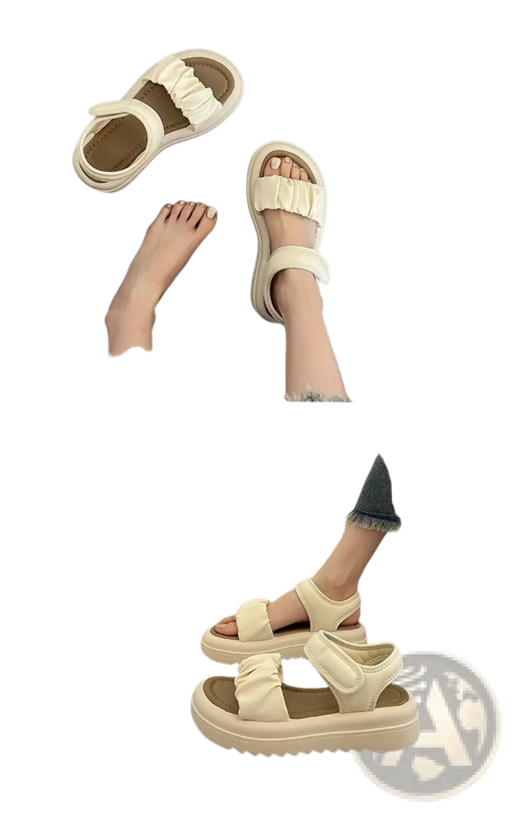 Cream-colored platform sandals for women with ruched fabric straps and thick chunky sole shown from the back side