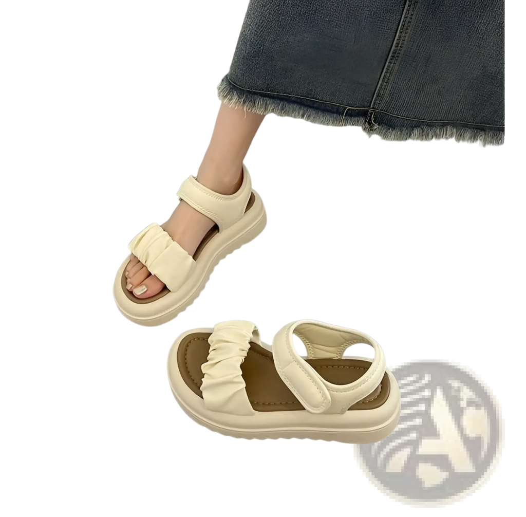 Cream-colored platform sandals for women with ruched straps and soft padded thick soles for comfortable wear
