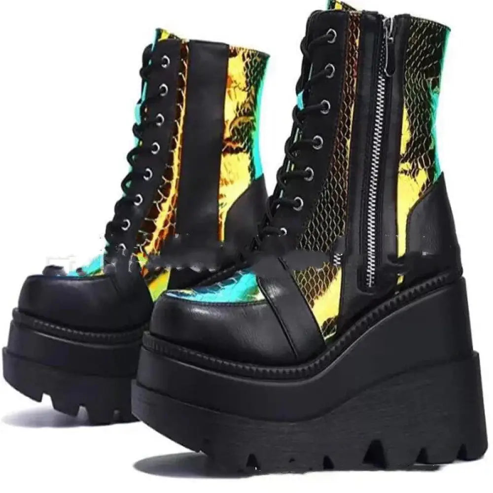 Women’s lace up leather thigh high platform boots in black with bold iridescent yellow and teal snake skin sides