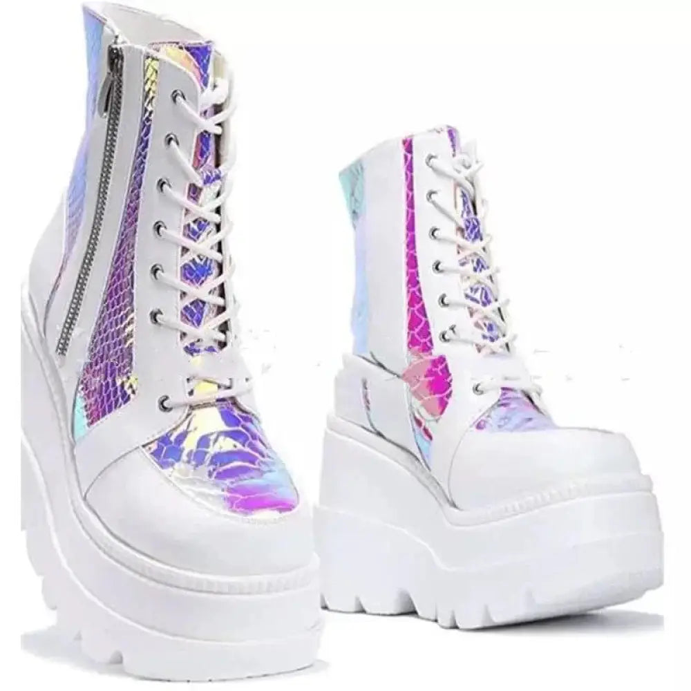 Women’s lace up leather thigh high platform boots with white base and iridescent purple blue snake skin panels