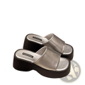 Silver metallic platform slide sandals with glossy thick black sole and fashion printed insole for summer shoes