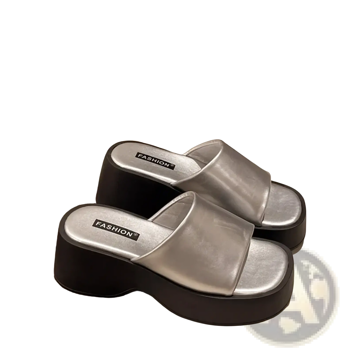 Silver metallic platform slide sandals with glossy thick black sole and fashion printed insole for summer shoes