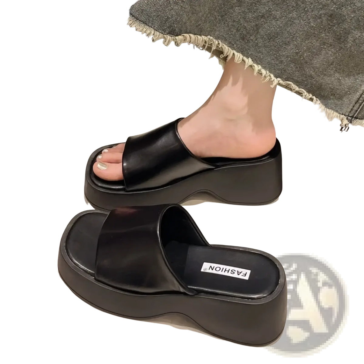 Black platform slide sandals with glossy finish and thick chunky soles ideal for summer shoes