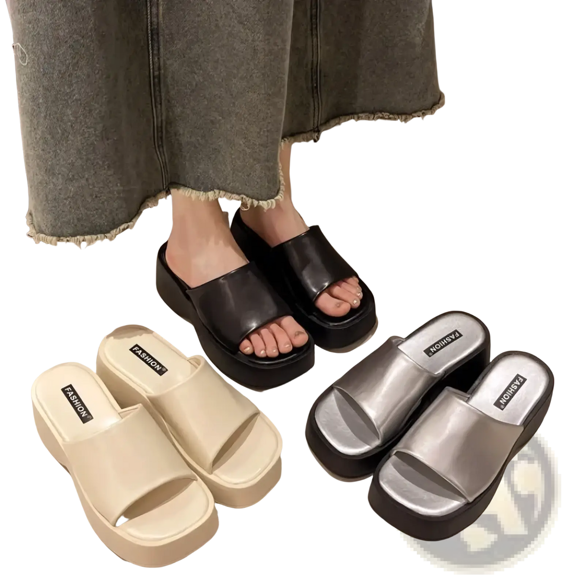 Platform slide sandals with glossy black cream and silver straps featuring a thick sole for summer wear