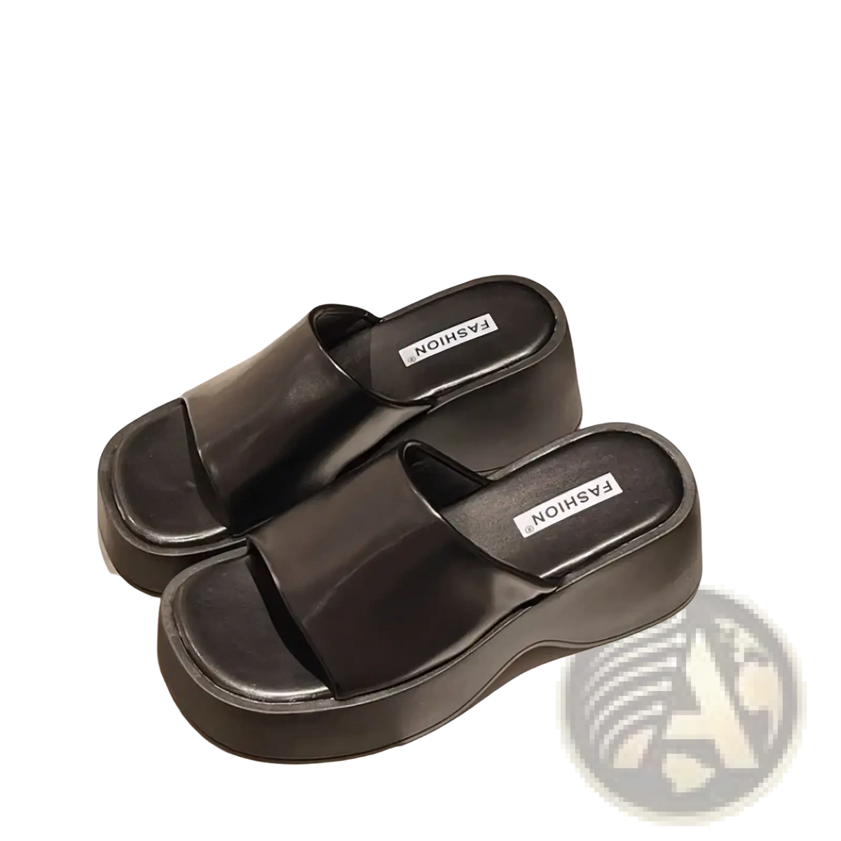 Black platform slide sandals with glossy thick sole and smooth leather like material for summer use