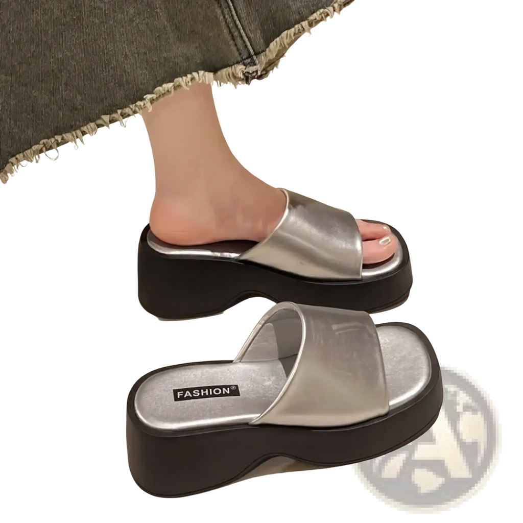 Silver platform slide sandals with glossy metallic finish and black rubber thick sole for summer shoes