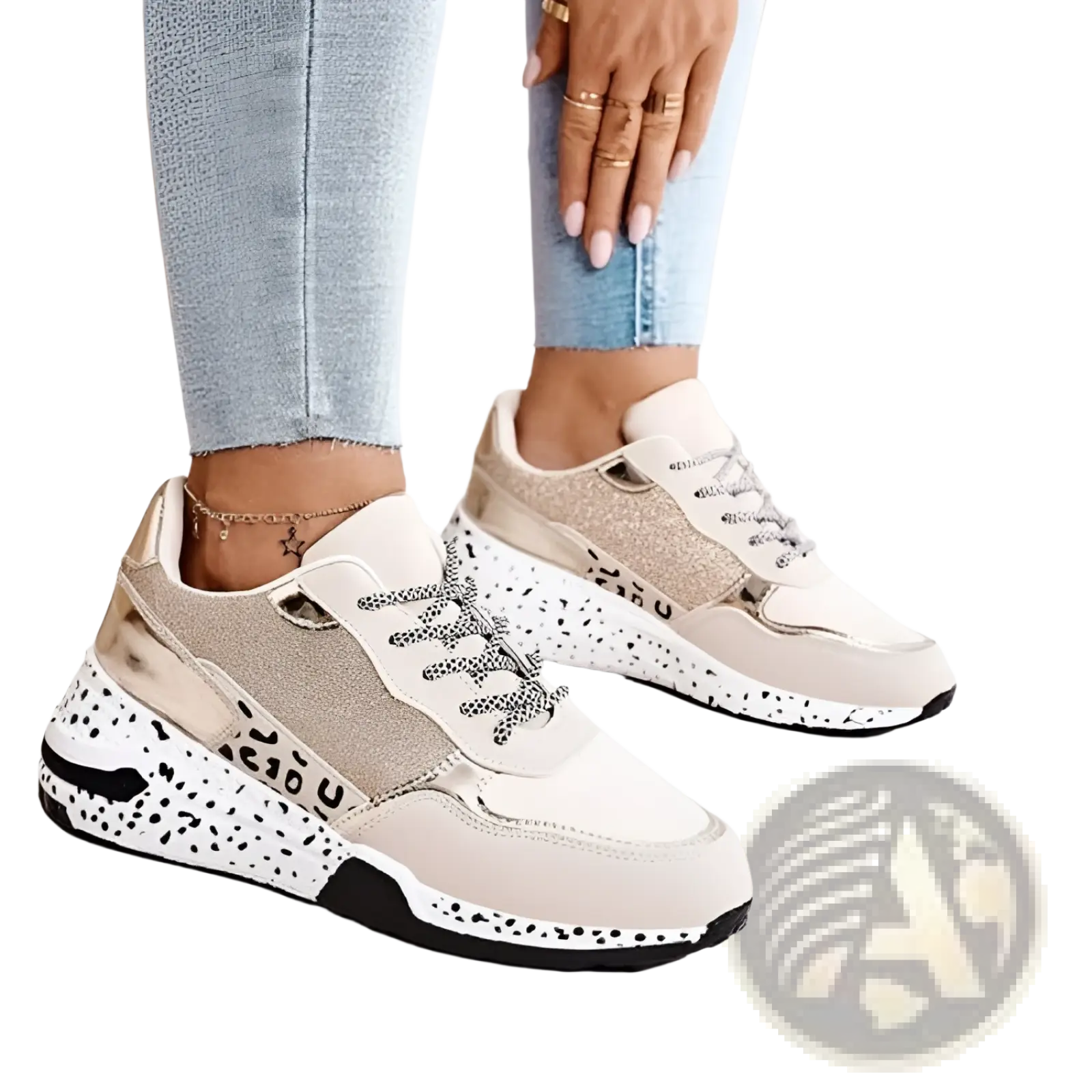 Beige and white platform sneakers with mesh wedge lace up design glitter accents black speckled soles and gold detailing