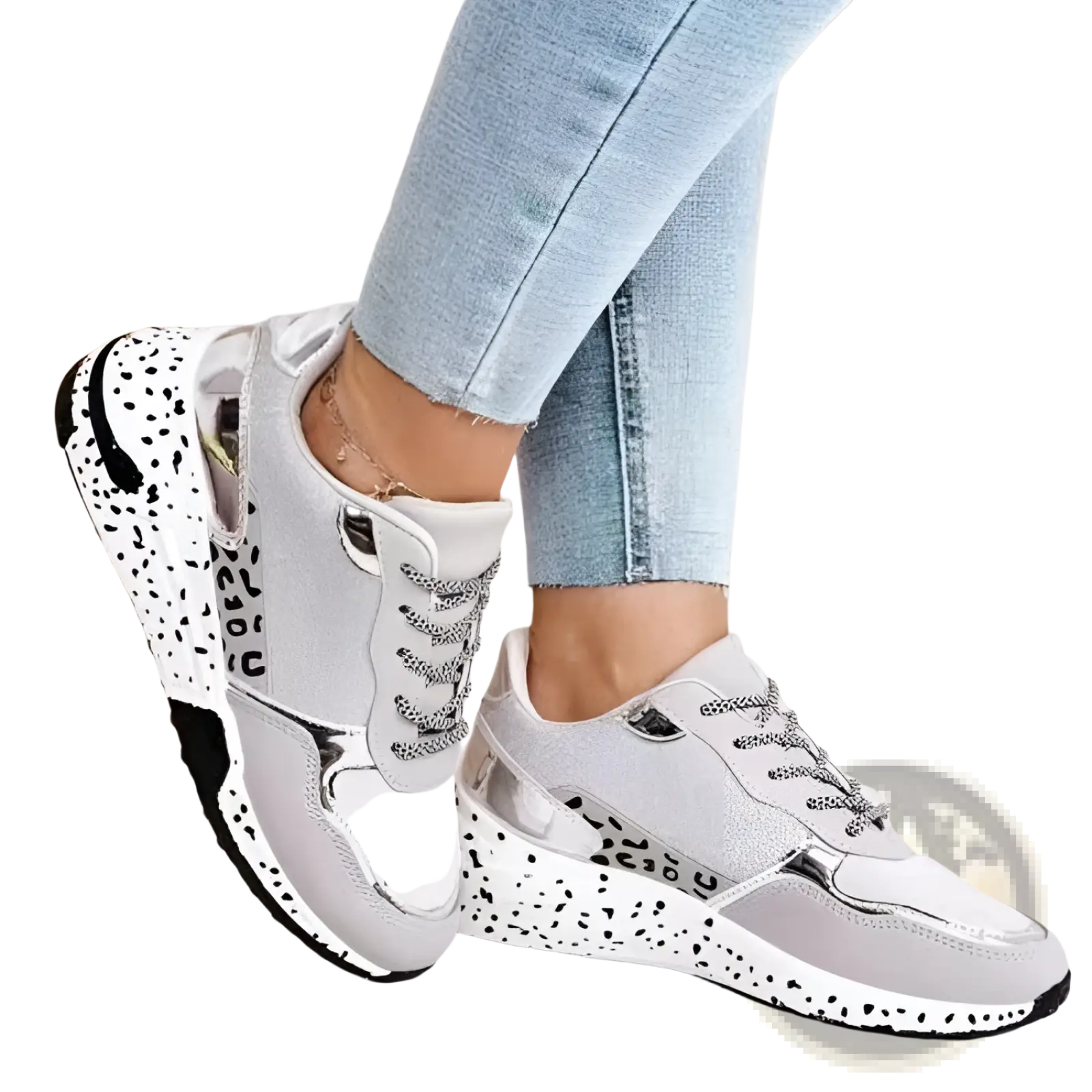 Silver and white glittery platform sneakers with black speckled sole featuring mesh wedge lace up casual shoes