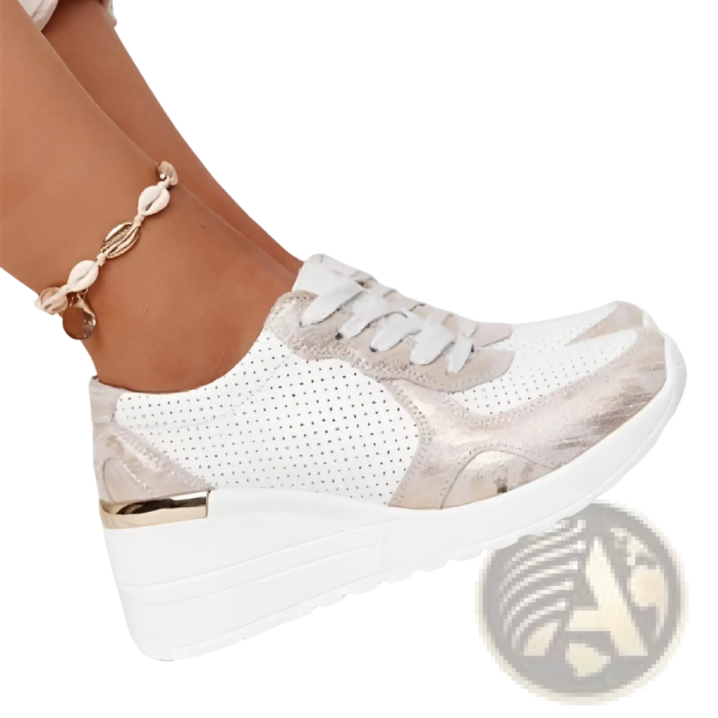 Platform sneakers mesh wedge lace up casual shoes in white and metallic silver with perforated mesh upper and suede accents