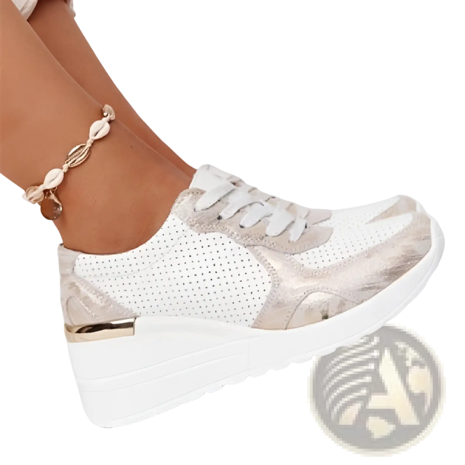 Platform sneakers mesh wedge lace up casual shoes in white and metallic silver with perforated mesh upper and suede accents