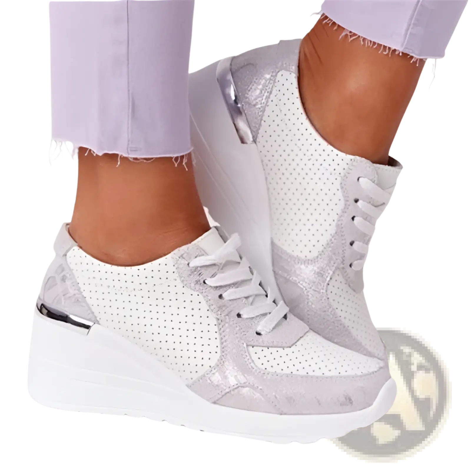 White and silver perforated platform sneakers with chunky wedge sole and mesh lace up casual design